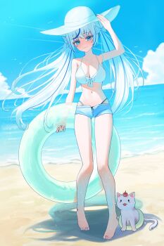 1girl absurdres aokumo_rin aqua_eyes aqua_hair barefoot beach bikini bikini_bottom_under_shorts bikini_under_clothes blue_shorts blue_sky bow bow_bikini breasts cleavage closed_mouth day denim denim_shorts floating_hair full_body hand_up hashtag-only_commentary hat highres holding holding_swim_ring horizon innertube kurimi_(aokumo_rin) large_breasts long_hair looking_at_viewer micro_shorts multicolored_hair navel ocean open_clothes open_fly open_shorts outdoors pigeon-toed poppo_myupunk98 shadow shorts sky solo standing stellive stomach streaked_hair sun_hat swim_ring swimsuit twintails very_long_hair virtual_youtuber white_hat