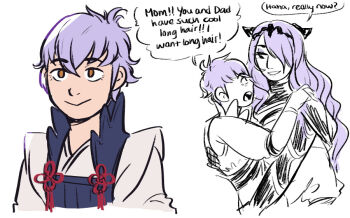1boy 1girl camilla_(fire_emblem) fire_emblem fire_emblem_fates hug kiragi_(fire_emblem) lacett long_hair mother_and_son nintendo orange_eyes purple_hair short_hair simple_background sketch speech_bubble tiara