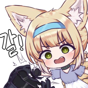 1girl 1other animal_ear_fluff animal_ears arknights black_gloves blonde_hair blue_hairband blue_shirt blush braid braided_hair_rings commentary doctor_(arknights) english_commentary fox_ears fox_girl fox_tail gloves green_eyes hair_rings hairband hitting infection_monitor_(arknights) kitsune korean_text kyuubi lee_mae_hyang lowres multiple_tails open_mouth shirt short_hair short_sleeves simple_background skirt solo_focus suzuran_(arknights) tail translation_request transparent_background white_skirt