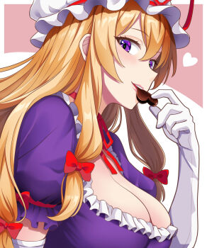 Rule 34 | 1girl, blonde hair, blush, bow, breasts, candy, chocolate, chocolate heart, choker, cleavage, commentary request, dress, eating, elbow gloves, food, gloves, hair bow, hat, hat ribbon, heart, heart-shaped food, highres, kisaragi koushi, large breasts, long hair, looking at viewer, mob cap, puffy short sleeves, puffy sleeves, purple dress, purple eyes, red bow, ribbon, ribbon choker, short sleeves, smile, solo, touhou, valentine, white gloves, white hat, yakumo yukari