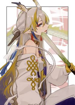 Rule 34 | 1girl, arknights, bare shoulders, blonde hair, blue hair, colored extremities, commentary, dragon girl, dragon horns, eyeliner, grey eyes, grey hair, grey jacket, highres, holding, holding sword, holding weapon, horns, jacket, jewelry, k-yosinori, long hair, long sleeves, looking at viewer, makeup, multicolored hair, necklace, off shoulder, orange eyeliner, pointy ears, profile, shu (arknights), solo, sword, weapon