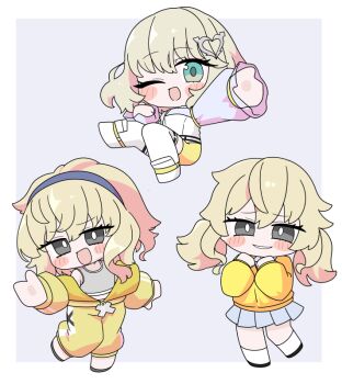 1girl ;d black_shoes blue_background blue_hairband blue_skirt blush_stickers border brown_hair chibi commentary_request green_eyes grey_hair hair_between_eyes hair_ornament hairband heart heart_hair_ornament jacket long_sleeves miranofuudoria multiple_views negative_happy off_shoulder one_eye_closed open_clothes open_jacket open_mouth pants pleated_skirt puffy_long_sleeves puffy_sleeves shoes shorts skirt smile socks takanashi_chroe thighhighs white_border white_shoes white_socks white_thighhighs yellow_jacket yellow_pants yellow_shorts