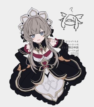 2girls bare_shoulders black_dress blue_eyes breasts brown_hair cleavage columbina_(genshin_impact) detached_sleeves dress genshin_impact long_hair looking_at_viewer maid_headdress medium_breasts merry-san multiple_girls open_mouth qr_code sandrone_(genshin_impact) solo