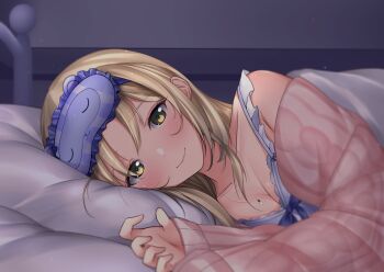 1girl absurdres babydoll bedroom blue_babydoll blush breasts cable_knit cardigan cleavage closed_mouth collarbone frilled_babydoll highres indoors jewelry lace-trimmed_babydoll lace_trim light_brown_hair long_hair looking_at_viewer lying mask mask_on_head medium_breasts mixed-language_commentary mr2d necklace nijisanji official_alternate_costume on_bed on_side pajamas pink_cardigan pov_across_bed sister_claire sister_claire_(7th_costume) sleep_mask smile solo straight_hair upper_body virtual_youtuber yellow_eyes