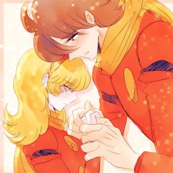 Rule 34 | ahoge, blonde hair, blue eyes, brown hair, coat, couple, cyborg, cyborg 009, francoise arnoul, hair over one eye, hairband, head rest, highres, holding hands, light blush, long hair, looking at another, red coat, red hairband, sariokisu, scarf, shimamura joe, soldier, yellow scarf