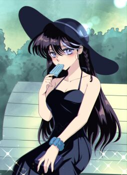 1girl absurdres bare_arms bench black_dress black_hair black_hat blue_eyes blue_scrunchie blue_streaks braid breasts cleavage collarbone commentary cowboy_shot dress english_commentary food food_in_mouth hair_between_eyes hat highres holding holding_food holding_popsicle large_breasts long_hair looking_at_viewer melting_popsicle multicolored_hair original outdoors popsicle popsicle_in_mouth ryuuxin sadie_(ryuuxin) scrunchie sitting sleeveless sleeveless_dress solo streaked_hair sun_hat wrist_scrunchie