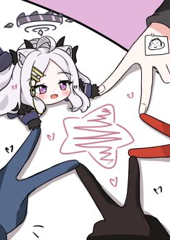 1boy 4girls ako_(blue_archive) animal_ears blue_archive cat_ears chibi chinatsu_(blue_archive) doodle_sensei_(blue_archive) e_v_e_neko gloves halo highres hina_(blue_archive) horns iori_(blue_archive) meme_request multiple_girls open_mouth out_of_frame prefect_team_(blue_archive) purple_eyes sensei_(blue_archive)