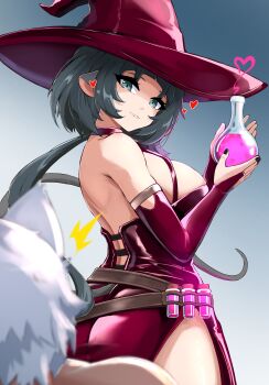 1boy 1girl ^^^ absurdres animal_ears ass bare_shoulders black_hair breasts cat_boy cat_ears commentary dress english_commentary hat hetero highres holding holding_jar jane_doe_(zenless_zone_zero) jar large_breasts long_hair looking_at_another love_potion mouse_ears mouse_girl mouse_tail purple_dress seth_lowell slash-ex tail white_hair witch_hat zenless_zone_zero