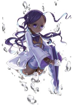 10s 1girl ahoge asymmetrical_legwear bindi bracelet breasts closed_mouth dark-skinned_female dark_skin facial_mark fate/extra fate_(series) female_focus forehead_mark full_body gloves half_gloves jewelry knees_up lab_coat long_hair looking_at_viewer mashima_saki_(mashimasa) petite purple_eyes purple_hair rani_viii simple_background small_breasts solo thighhighs type-moon uneven_legwear v-neck wavy_hair white_background white_gloves