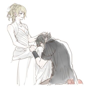 Rule 34 | 1boy, 1girl, arm guards, bare shoulders, black bracer, black coat, black hair, black pants, black shirt, blonde hair, blue eyes, blush, boots, bracer, braid, breasts, closed eyes, coat, couple, covered mouth, crescent, crescent necklace, crown braid, dress, final fantasy, final fantasy xv, grin, hair between eyes, hair over one eye, hand on another's head, hand on another's thigh, hand on lap, headpat, hetero, hyohls2 (hamao3o), invisible chair, jewelry, kneeling, lap pillow, long dress, looking at another, lunafreya nox fleuret, medium hair, necklace, noctis lucis caelum, pale skin, pants, ponytail, shirt, short hair, short sleeves, sidelocks, sitting, sleeping, sleeveless, sleeveless dress, small breasts, smile, spiked hair, white background, white dress