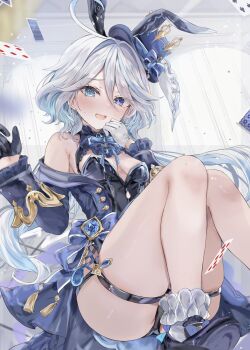 1girl adapted_costume animal_ears asymmetrical_gloves bare_shoulders black_gloves blue_eyes blue_hair breasts commentary drop-shaped_pupils fake_animal_ears furina_(genshin_impact) genshin_impact gloves hair_between_eyes hat heterochromia highres long_hair long_sleeves looking_at_viewer maruro mismatched_gloves mismatched_pupils multiple_girls open_mouth rabbit_ears shoes small_breasts smile socks solo symbol-only_commentary symbol-shaped_pupils thigh_strap thighs top_hat very_long_hair white_gloves white_hair white_socks