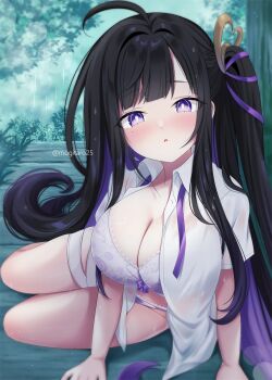 1girl ahoge bandages black_hair blush bra breasts chitose_(stella_sora) collarbone colored_inner_hair commentary_request large_breasts long_hair looking_at_viewer multicolored_hair parted_lips purple_eyes purple_hair see-through_clothes see-through_shirt shirt side_ponytail stella_sora twitter_username underwear yomogi_(becr)