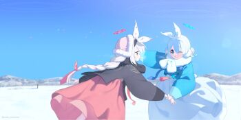 Rule 34 | 2girls, absurdres, alternate costume, alternate hairstyle, arona (blue archive), bare tree, black hairband, black scarf, blue archive, blue eyes, blue hair, blue halo, braid, braided ponytail, breath, chima (clothes), commentary request, daenngi meori, earmuffs, eye contact, fur-trimmed headwear, fur trim, hair over one eye, hair ribbon, hairband, halo, hanbok, hat, highres, holding another's wrist, jeogori (clothes), korean clothes, long hair, looking at another, mountain, multicolored hair, multiple girls, one eye closed, outdoors, pink halo, pink hat, pink ribbon, pink skirt, pink streaks, plana (blue archive), ribbon, scarf, short hair, single braid, skirt, snow, streaked hair, tree, two-tone hair, white hair, white hairband, white ribbon, white scarf, white skirt, yona (yoroyoro)