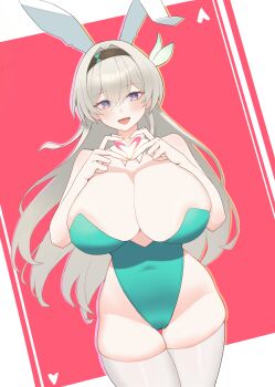 Rule 34 | 1girl, absurdres, alternate breast size (larger), animal ears, areola slip, black hairband, blue pupils, blush, breasts, cleavage, commentary request, covered navel, cowboy shot, curvy, detached collar, double-parted bangs, dutch angle, fake animal ears, firefly (honkai: star rail), four-finger heart hands, green leotard, grey hair, groin, hair between eyes, hair intakes, hairband, heart, heart hands, heart in heart hands, highleg, highleg leotard, highres, honkai: star rail, honkai (series), huge breasts, leotard, long hair, looking at viewer, open mouth, oro (lsg0624), playboy bunny, purple eyes, rabbit ears, red background, smile, solo, strapless, strapless leotard, thick thighs, thighhighs, thighs, white thighhighs