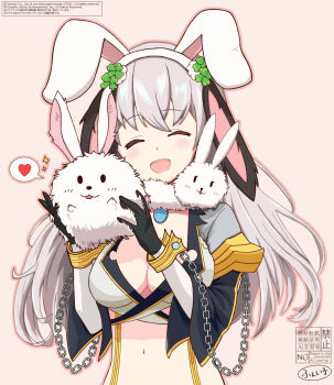 1girl animal animal_ears black_gloves blush breasts chain closed_eyes clover_hair_ornament commentary_request copyright_notice crop_top fake_animal_ears four-leaf_clover_hair_ornament gloves grey_hair hair_ornament heart highres holding holding_animal holding_rabbit large_breasts long_hair open_mouth pink_background rabbit rabbit_ears rabbit_girl ragnarok_online rofakeraia shirt smile solo spoken_heart upper_body warlock_(ragnarok_online) watermark white_shirt