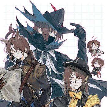 5boys absurdres animal_ears antenna_hair arknights beard_stubble belt black-framed_eyewear black_cape black_coat black_gloves black_hat black_jacket black_pants black_shirt black_shoes blue_shirt brown_hair cape chibi chibi_inset cigarette coat collared_shirt cosplay crab_claw crossover dngrumauma facial_hair fedora fins gauntlets glasses gloves gregor_(project_moon) grid_background hand_in_pocket hand_on_headwear hat hat_belt head_fins highres holding holding_newspaper horse_ears jacket lee_(arknights) lee_(arknights)_(cosplay) limbus_company looking_at_viewer male_focus mask medium_hair mlynar_(arknights) mlynar_(arknights)_(cosplay) mouth_mask multiple_boys multiple_persona multiple_views mustache_stubble neckerchief necktie newspaper no_mouth one_eye_closed pants partially_unbuttoned pointy_ears ponytail project_moon purple_eyes scarf semi-rimless_eyewear shirt shoes stubble thorns_(arknights) thorns_(arknights)_(cosplay) thorns_the_lodestar_(arknights) ulpianus_(arknights) ulpianus_(arknights)_(cosplay) unlit_cigarette_in_mouth white_background white_neckerchief white_necktie white_pants yellow_eyes yellow_gloves yellow_scarf zuo_le_(arknights) zuo_le_(arknights)_(cosplay)