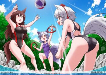 3girls animal_ears ball brown_hair commission imaizumi_kagerou inubashiri_momiji kousei_(public_planet) long_hair mitsugashira_enoko multiple_girls one-piece_swimsuit open_mouth outdoors playing red_eyes shirt short_hair skeb_commission smile swimsuit tail touhou white_shirt wolf_ears wolf_girl wolf_tail
