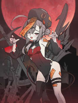 1girl absurdres ahoge black_dress black_hat black_nails black_thighhighs blurry blurry_background breasts commentary covered_navel cross-shaped_pupils demon_tail detached_sleeves dress english_commentary furrowed_brow gradient_clothes gradient_dress grey_hair gun hair_ornament hands_up hat highres huge_ahoge jiangshi looking_at_viewer moon night ofuda ofuda_on_head ofuda_on_leg original outdoors pale_skin pelvic_curtain plap qingdai_guanmao red_dress red_eyes red_moon red_tail rifle short_hair single_thighhigh skindentation sleeveless sleeveless_dress small_breasts solo sword symbol-shaped_pupils tail thigh_strap thighhighs thighs variant_set weapon x_hair_ornament xandier59 xaxa_(xandier59)