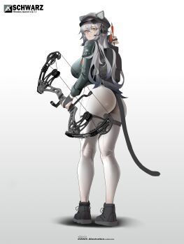 1girl absurdres animal_ears ankle_boots arknights arrow_(projectile) ass backpack bag black_boots black_hat black_jacket black_tail boots bow_(weapon) breasts character_name chinese_commentary closed_mouth commentary_request crossed_bangs ears_through_headwear flat_cap full_body gloves gradient_background grey_background grey_hair hair_between_eyes hat headset highres holding holding_bow_(weapon) holding_weapon jacket leggings long_hair long_sleeves looking_at_viewer medium_breasts partially_fingerless_gloves schwarz_(arknights) solo standing tail weapon white_background white_leggings yat_(tsmn7245) yellow_eyes