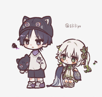 1boy 1girl animal_hat anklet armlet arms_at_sides asymmetrical_sidelocks beret black_eyes black_hair black_hat black_shawl black_shorts bloomers blunt_ends blush_stickers breast_pocket bright_pupils casual cat_hat contemporary cross-shaped_pupils detached_sleeves dress eyelashes full_body genshin_impact gold gold_trim green_eyes green_hair green_sleeves hair_between_eyes hair_ornament hand_in_pocket hat holding holding_shawl holding_stuffed_toy holding_unworn_clothes holding_unworn_hat hoshizuki_chimama jewelry layered_shirt leaf leaf_hair_ornament long_hair long_sleeves looking_at_another looking_to_the_side multicolored_hair musical_note nahida_(genshin_impact) official_alternate_costume pocket pointy_ears purple_shirt purple_shoes scaramouche_(cat)_(genshin_impact) scaramouche_(genshin_impact) shawl shirt shoes shorts side_ponytail sidelocks sneakers socks squiggle standing streaked_hair stuffed_animal stuffed_toy symbol-shaped_pupils tareme toeless_socks turtleneck turtleneck_shirt twitter_username undershirt underwear unworn_hat unworn_headwear v-neck wanderer_(fairy_tale_cat)_(genshin_impact) wanderer_(genshin_impact) white_background white_bloomers white_dress white_hair white_pupils white_shirt white_sleeves white_socks wispy_bangs