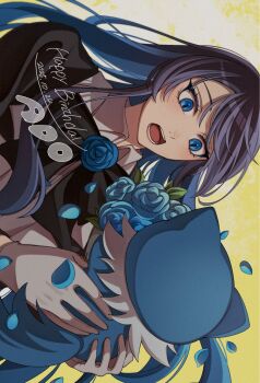 1girl ado_(utaite) adorozatorumary black_bow black_bowtie black_hair blue_eyes blue_flower blue_hair blue_rose bow bowtie chando_(ado) commentary dated flower gloves gradient_hair happy_birthday highres keeko_(kk_0012) long_hair mole mole_under_eye multicolored_hair open_mouth rose sideways teeth white_gloves