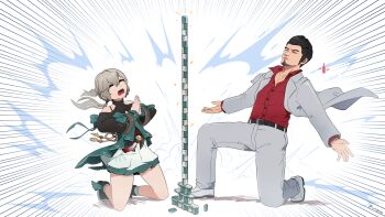 1boy 1girl beard brown_hair closed_eyes closed_mouth clothing_cutout commentary_request dress facial_hair full_body hair_ornament hairclip highres honkai:_star_rail honkai_(series) jacket kiryu_kazuma kneeling low_twintails mahjong miyan_(oceanmaiden) motion_lines open_clothes open_jacket open_mouth outstretched_arms own_hands_together pants praying qingque_(honkai:_star_rail) red_shirt ryuu_ga_gotoku_(series) ryuu_ga_gotoku_1 shirt shoes shoulder_cutout socks sparkle spread_arms stack steam twintails white_pants