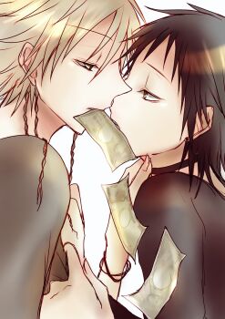 2boys alicein_mikuni banknote black_choker black_hair black_shirt blonde_hair braid choker highres kamiya_tsurugi male_focus money multiple_boys orange_eyes servamp shirt short_hair side_braid user_vkay3728 white_background yaoi yellow_eyes