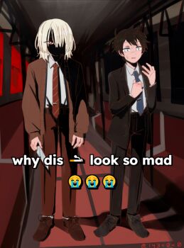 143x0x0 2boys akinashi_haru arms_at_sides black_hair black_jacket black_pants brown_cardigan brown_pants cardigan collared_shirt crying_emoji dress_shirt emoji full_body hashtag-only_commentary holding holding_knife jacket knife male_focus meme multiple_boys necktie nervous_sweating pants red_necktie saihate_eki shaded_face shirt shoes short_hair standing suit_jacket sweat tatsunami_shion train_interior white_hair white_shirt why_dis_ninja_look_so_mad_(meme)