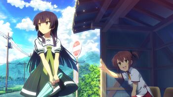 2girls :d aqua_umbrella blue_sky blunt_bangs breasts brown_eyes brown_hair bus_stop cloud day dress etou_kanami game_cg green_dress green_neckerchief hair_between_eyes hands_up heijou_institute_school_uniform hime_cut holding holding_umbrella juujou_hiyori long_hair medium_breasts minoseki_gakuin_uniform multiple_girls neckerchief official_art one_side_up open_mouth orange_eyes outdoors pointing red_skirt road road_sign school_uniform shade shirt short_hair short_sleeves sign sitting skirt sky smile standing stop_sign street summer_uniform toji_no_miko toji_no_miko:_kizamishi_issen_no_tomoshibi umbrella utility_pole white_shirt