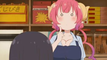 2girls animated animated_gif apron arms_under_breasts black_hair blue_shirt bouncing_breasts breast_lift breasts cleavage dragon_girl horns huge_breasts ilulu_(maidragon) jiggle kobayashi-san_chi_no_maidragon looking_at_another multiple_girls pointy_ears red_eyes red_hair screencap shirt shortstack slit_pupils split_ponytail standing thinking