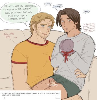 Rule 34 | 2boys, bite mark, blonde hair, blue eyes, borrego tan, bound, bound arms, boxers, clothed sex, curly (mouthwashing), empty eyes, grey eyes, grey shirt, highres, jimmy (mouthwashing), leg hair, lobotomy, looking to the side, male focus, male underwear, mind break, mouthwashing, multiple boys, precum, ribbon, ribbon bondage, shirt, speech bubble, sweat, thigh sex, underwear, wrinkled skin, yaoi, yellow shirt