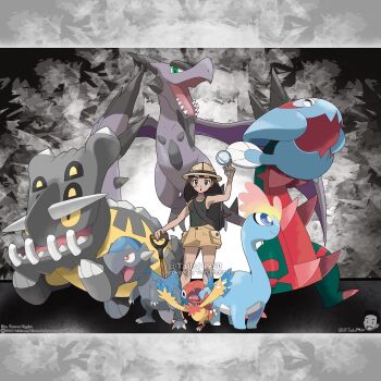 Rule 34 | 1girl, :o, aerodactyl, amaura, archen, artist name, backpack, bag, bastiodon, black bag, black eyes, black hair, black tank top, blue eyes, breasts, bright pupils, brown hat, brown shorts, closed mouth, collarbone, commentary, commission, company name, copyright name, copyright notice, cranidos, dirty, dirty face, dracovish, english commentary, eyelashes, fangs, gen 1 pokemon, gen 4 pokemon, gen 5 pokemon, gen 6 pokemon, gen 8 pokemon, green eyes, hat, highres, holding, holding magnifying glass, holding shovel, instagram username, long hair, lower teeth only, magnifying glass, mega aerodactyl, mega pokemon, nintendo, official style, open mouth, original, pokemon, pokemon (creature), red eyes, sharp teeth, shorts, shovel, smile, spikes, standing, standing on one leg, tank top, teeth, tom higgins, watermark, white pupils