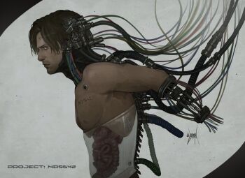 1boy arms_behind_back beard_stubble cable cowboy_shot expressionless facial_hair from_side guro highres leon_s._kennedy male_focus mechabare organs outstretched_arms resident_evil resident_evil_requiem see-through_body solo stubble topless_male wire zombiyh