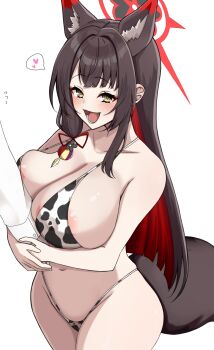 1boy 1girl :d alternate_costume animal_ear_fluff animal_ears animal_print areola_slip arm_hug armpit_crease bare_arms bare_shoulders bikini black_hair black_halo blue_archive blunt_ends blush breast_press breasts cleavage collarbone colored_inner_hair commentary_request covered_erect_nipples cow_print cow_print_bikini cowboy_shot flying_sweatdrops fox_ears fox_girl fox_tail groin hair_ornament hair_ribbon halo halterneck hands_up heart hetero highres large_breasts long_hair long_sleeves looking_at_viewer low-tied_sidelocks lower_teeth_only mahinatayuzu multicolored_hair multicolored_halo navel open_mouth out_of_frame print_bikini raised_eyebrows red_hair red_halo red_ribbon ribbon shirt sidelocks simple_background smile solo_focus speech_bubble spoken_heart standing stomach strap_gap string_bikini swimsuit tail teeth two-tone_hair two-tone_halo wakamo_(blue_archive) white_background white_bikini white_shirt yellow_eyes