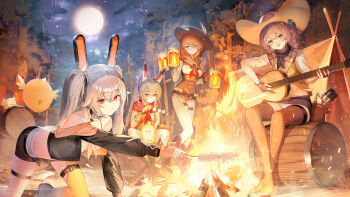 >_< 4girls absurdres all_fours alternate_costume animal_ears asymmetrical_legwear ayanami_(azur_lane) azur_lane bare_shoulders barrel beer_mug black_choker black_footwear black_hat black_jacket black_shorts bonfire boots breasts campfire camping choker cooking crotchless crotchless_pants cup fake_animal_ears fire firewood food forest full_moon green_eyes grey_hair guitar hair_between_eyes hat headgear highres holding holding_guitar holding_instrument instrument jacket janyhero javelin_(azur_lane) laffey_(azur_lane) long_hair long_sleeves looking_at_viewer manjuu_(azur_lane) marshmallow medium_breasts miniskirt moon mug multiple_girls nature neckerchief panties pants playing_guitar playing_instrument purple_eyes purple_hair purple_skirt rabbit_ears red_eyes red_neckerchief roasted_marshmallow roasting shirt short_shorts shorts single_thighhigh sitting_on_log skirt tent thigh_boots thigh_strap thighhighs twintails underwear white_footwear white_panties white_pants white_shirt yellow_thighhighs z23_(azur_lane)