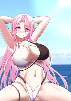 1girl armpits arms_behind_head azur_lane bikini black_bikini blue_sky blush breasts closed_mouth commission cosplay heart heart-shaped_pupils huge_breasts lexington_(azur_lane) long_hair looking_at_viewer mitsuhanako multicolored_bikini navel outdoors pink_hair pixiv_commission purple_eyes sky smile solo stomach swimsuit symbol-shaped_pupils tosa_(azur_lane) tosa_(azur_lane)_(cosplay) tosa_(hometown_zest)_(azur_lane) two-tone_bikini white_bikini