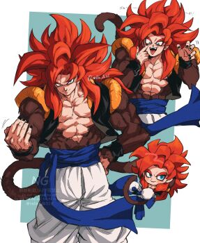 1boy biceps blue_eyes blue_sash body_fur dragon_ball dragon_ball_gt gogeta highres looking_at_viewer male_focus metamoran_vest monkey_boy monkey_tail muscular muscular_male no_nipples pants pectorals red_hair relio_db318 sash simple_background smile solo spiked_hair super_saiyan super_saiyan_4 tail veins veiny_hands white_pants