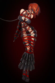 absurdres armbinder arms_behind_back ball_gag bare_shoulders bdsm blindfold bondage bound breast_bondage breasts collar collarbone dress elegia frilled_dress frills gag gagged high_heels highres large_breasts latex latex_dress leash medium_hair orange_hair original restrained shibari shibari_over_clothes skindentation