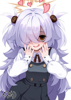 Rule 34 | 1girl, black dress, blue archive, brown eyes, collared shirt, commentary request, dress, hair between eyes, hair ornament, hair over one eye, halo, hands on own cheeks, hands on own face, heart, kanoe (blue archive), long hair, long sleeves, looking at viewer, mofu namako, open mouth, pinafore dress, shaded face, shirt, signature, simple background, sleeveless, sleeveless dress, solo, two side up, very long hair, white background, white shirt