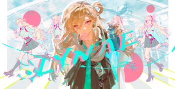 1girl absurdres black_nails black_skirt blonde_hair blowing_bubble_gum breasts can chewing_gum chinese_commentary commentary_request earrings fingernails green_necktie hair_between_eyes hair_ornament hand_on_own_hip hand_up highres holding holding_can id_card jewelry large_breasts leaning_forward long_fingernails looking_at_viewer lynae_(wuthering_waves) multiple_views nail_polish necktie noland purple_eyes shirt shirt_tucked_in skirt skull_hair_ornament spray_can star_(symbol) star_earrings white_shirt wuthering_waves