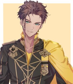 1boy 1dahesss black_jacket border brown_background brown_hair cape claude_von_riegan collarbone dark-skinned_male dark_skin fire_emblem fire_emblem:_three_houses garreg_mach_monastery_uniform green_eyes highres jacket male_focus nintendo shirt short_hair simple_background solo undershirt white_border yellow_cape yellow_shirt