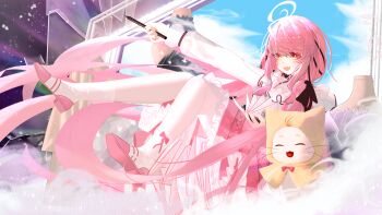 1girl ^_^ absurdly_long_hair absurdres ahoge animal arm_cutout bare_shoulders black_bow black_ribbon blue_sky book bow bow_legwear bowtie bra_strap bright_pupils brown_eyes cat chinese_commentary cloak closed_eyes clothed_animal clothing_cutout cloud collarbone colored_eyelashes commentary_request day dot_nose ear_covers fang floral_print frilled_shirt frilled_skirt frilled_sleeves frills full_body glass_shards hair_bow hair_over_shoulder hair_ribbon high_heels highres holding holding_book holding_stylus hood hood_up hooded_cloak infinity_nikki light_blush long_hair long_sleeves looking_at_viewer loose_hair_strand low_twintails medium_skirt momo_(nikki) nikki_(nikki) nikki_(series) off-shoulder_shirt off_shoulder open_book open_mouth outdoors outstretched_arm perfect_start_(infinity_nikki) pink_bow pink_hair pink_ribbon pink_shoes pink_skirt pleated_skirt print_socks puffy_long_sleeves puffy_sleeves pumps red_bow red_bowtie ribbon see-through_clothes see-through_sleeves shikong_xiongmao shirt shoes sitting skin_fang skirt sky smile socks space sparkle star_(sky) stylus traditional_bowtie tress_ribbon twintails very_long_hair whiskers white_cat white_pupils white_shirt white_socks yellow_cloak