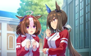 2girls admire_vega_(umamusume) ahoge animal_ears artist_request blue_sky bow breasts brown_eyes brown_hair clenched_hands crest day dot_nose ear_covers ear_ornament ear_ribbon ears_down game_cg hair_between_eyes hair_bow hairband hand_on_own_elbow holding holding_own_hair horse_ears horse_girl jacket large_breasts long_sleeves looking_at_another loose_hair_strand low_ponytail medium_breasts medium_hair meisho_doto_(umamusume) multicolored_hair multicolored_jacket multiple_girls nervous official_art outdoors parted_lips pink_hairband pointy_nose ponytail puffy_long_sleeves puffy_sleeves purple_ribbon red_jacket ribbon school shade sidelocks single_ear_cover sky streaked_hair surprised third-party_source track_jacket tree turtleneck turtleneck_jacket two-tone_jacket umamusume upper_body white_bow white_jacket wide-eyed zipper_pull_tab