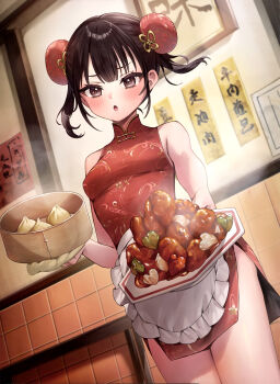 1girl absurdres apron armpit_crease artist_request blush breasts brown_eyes brown_hair bun_cover china_dress chinese_clothes dengeki_moeoh double_bun dress dumpling food hair_bun highres holding holding_plate indoors looking_at_viewer magazine_scan open_mouth original plate red_dress scan shiny_skin short_dress side_slit sidelocks small_breasts solo third-party_source waist_apron white_apron