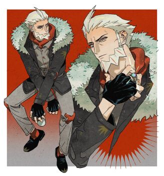 1boy beard black_gloves black_shoes border buttons collared_shirt dress_shoes facial_hair fur-trimmed_jacket fur_trim gloves grey_eyes grey_pants grey_shirt hair_slicked_back highres invisible_chair jacket jewelry lysandre_(pokemon) long_sleeves luye_unknows lysandre_(pokemon) male_focus multiple_views nintendo open_collar pants patchwork_clothes pokemon pokemon_legends:_z-a red_socks ring shirt shoes short_hair sitting socks white_border white_fur white_hair