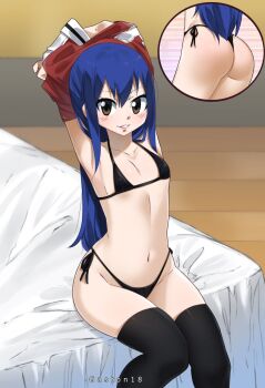 1girl armpits ass bikini black_bikini black_thighhighs blue_hair blush brown_eyes fairy_tail gaston18 higher_resolution_available highres leggings lips long_hair multiple_views on_bed sitting source_request swimsuit thighhighs undressing wendy_marvell