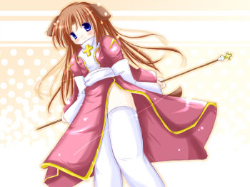 1girl 2000s_(style) animal_ears back_bow blue_eyes blush bow breasts brown_hair closed_mouth commentary_request crosier dog_ears dog_girl dress feet_out_of_frame floppy_ears high_priest_(ragnarok_online) holding holding_staff juliet_sleeves koba-p long_hair long_sleeves looking_at_viewer no_panties pink_dress puffy_sleeves ragnarok_online sash small_breasts smile solo staff thighhighs two-tone_dress white_bow white_dress white_sash white_thighhighs