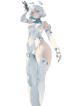 1girl absurdres ahoge aqua_bodysuit aqua_hair arm_up armpits bare_shoulders black_gloves blue_bodysuit blue_eyes blue_gloves blush bodysuit breasts chinese_commentary closed_mouth colored_inner_hair commentary_request elbow_gloves feet_out_of_frame glasses gloves grey_bodysuit hair_between_eyes highres large_breasts looking_at_viewer multicolored_bodysuit multicolored_gloves multicolored_hair pugongying qq_dance short_hair sidelocks simple_background single_leg_bodysuit solo standing thighhighs thighs two-tone_hair v white_background white_bodysuit white_gloves white_hair white_thighhighs wide_hips xingtong