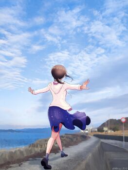 1girl absurdres anchor_symbol ankle_socks balancing black_shoes blue_dress blue_sky blurry blurry_background brown_hair cloud commentary_request day drawstring dress floating_clothes from_behind fubuki_(kancolle) fubuki_(spring)_(kancolle) full_body grey_socks hair_tie highres hood hood_down hooded_jacket jacket kantai_collection kneepits loafers long_hair long_sleeves low_ponytail mountain open_clothes open_jacket outdoors outstretched_arms photo_background polka_dot polka_dot_dress ponytail road_sign shoes sidelocks sign sky socks solo walking water white_jacket yoko_hata