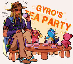 Rule 34 | 1boy, absurdres, artist name, blonde hair, boots, cake, character doll, commentary, cowboy boots, cowboy hat, cup, english commentary, facial hair, food, gloves, goggles, goggles on headwear, gold teeth, green lips, grin, gyro zeppeli, hat, highres, holster, huyandere, jojo no kimyou na bouken, long hair, male focus, plate, scary monsters (stand), signature, single glove, sitting, smile, solo, steam, steel ball (jojo), steel ball run, stool, stuffed animal, stuffed dinosaur, stuffed toy, table, tea party, teacup, teddy bear, tusk (stand), tusk act1